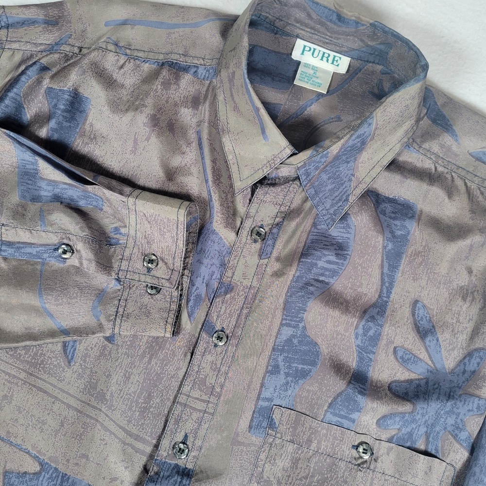 Men's Pure Brand Vintage 90's 100% Silk Geometric Print Long Sleeve Button XL
